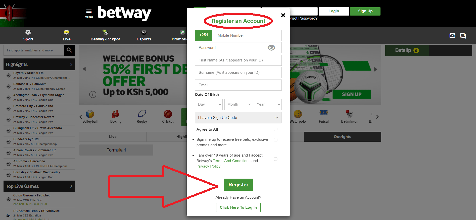 Procédure de Création de créer un compte Betway